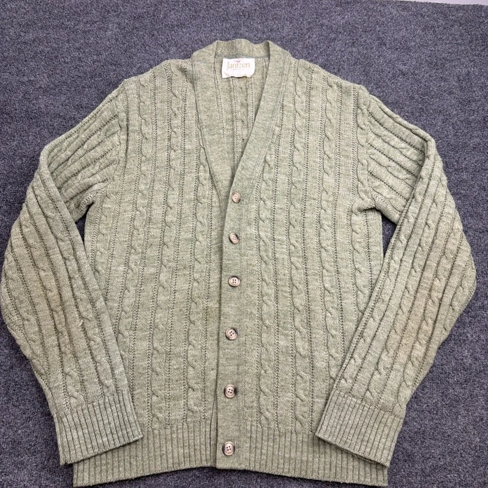 Vtg Jantzen Cardigan Sweater Men's Large Cable Knit Green Grandpa Shetland Wool